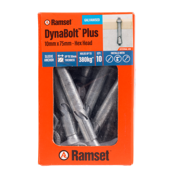 Ramset 10 x 75mm Galvanised DynaBolt Plus Hex Nut Bolt - 50 Pack