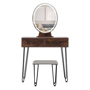 Levede LED Round Mirror Dressing Table Stool Set Brown