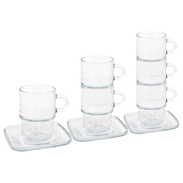 LAV 12pc Cozy Stacking Glass Coffee Cups & Saucers Set - 350ml