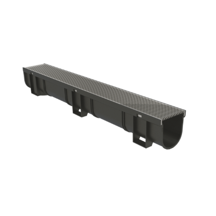EasyDRAIN 1m Black Polymer Channel With 316 Stainless Steel Heel Friendly Grate