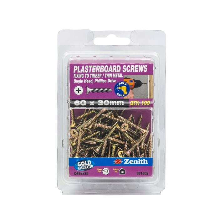 Zenith® 6G x 30mm Gold Passivated Needle Point Plasterboard Screw - 100 Pack