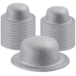 24x GLITTER BOWLER HAT Fancy Party Plastic Costume Cap Fun Dress Up Sparkle BULK White/Silver