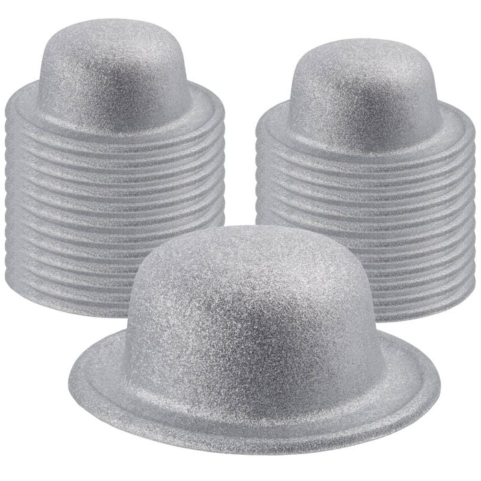 24x GLITTER BOWLER HAT Fancy Party Plastic Costume Cap Fun Dress Up Sparkle BULK White/Silver