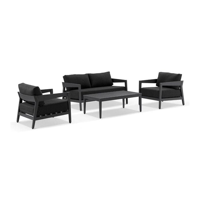 Bronte 2+1+1 Outdoor Aluminium Lounge Setting Charcoal With Coffee Table & Denim Grey Cushions