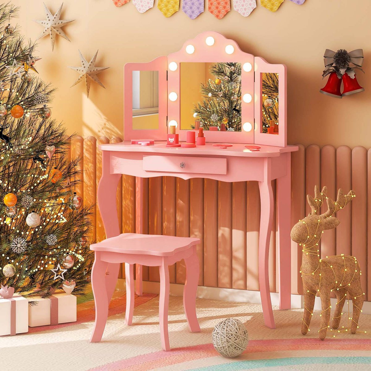 Costway 2-in-1 Kids Dressing Table Stool Set - Pink - Bunnings Australia