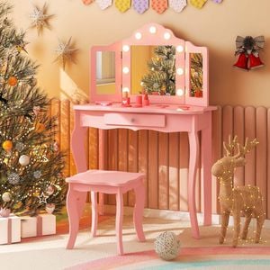 Costway 2-in-1 Kids Dressing Table Stool Set - Pink