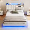 Advwin Queen Floating Bed Frame with LED Lights and Storage Headboard Dark Beige