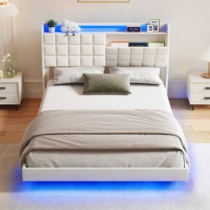 Advwin Queen Floating Bed Frame with LED Lights and Storage Headboard Dark Beige