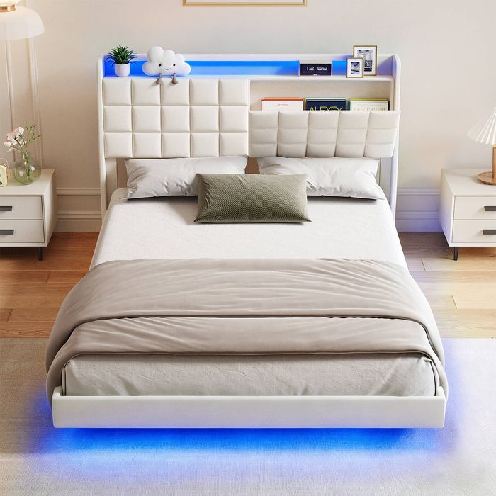 Advwin Queen Floating Bed Frame with LED Lights and Storage Headboard Dark Beige