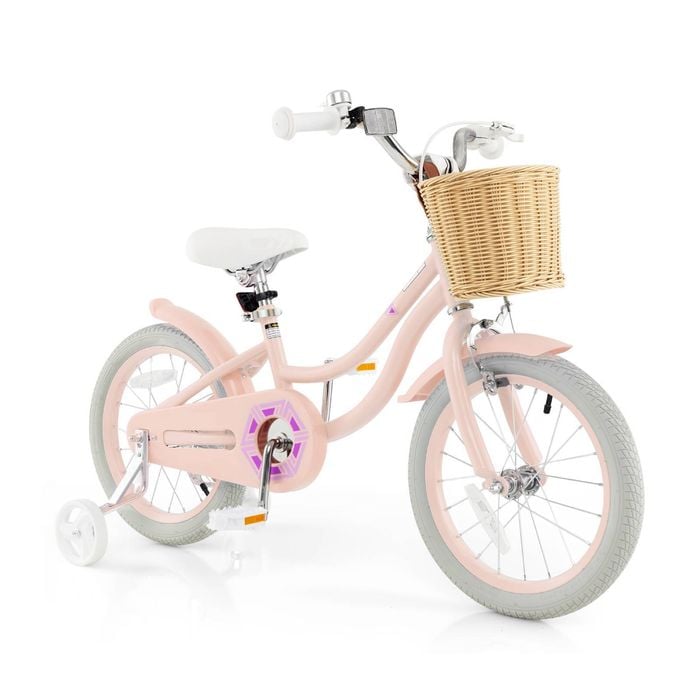 Costway 40cm Kids Bike W/training Wheels & Retro Basket Adjustable Bicycle Pink