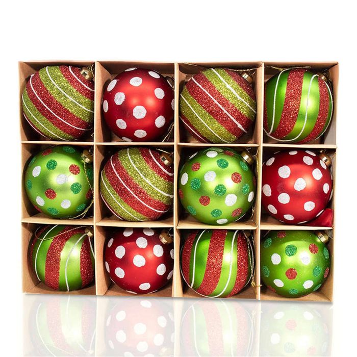 Catzon 12 Pcs Christmas Ball Ornaments 8CM Hand-Painted Shatterproof Baubles-Red Green