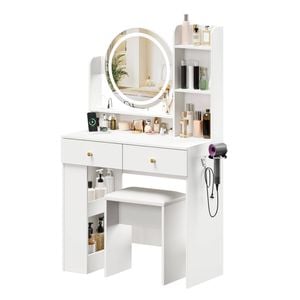 Advwin Dressing Table Stool Set with Round Mirror and Lights Charging Station White