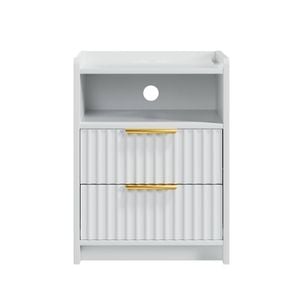 Ufurniture Side Table with 2 Drawers and Open Shelf Bedside Table Nightstand with Charging Station White