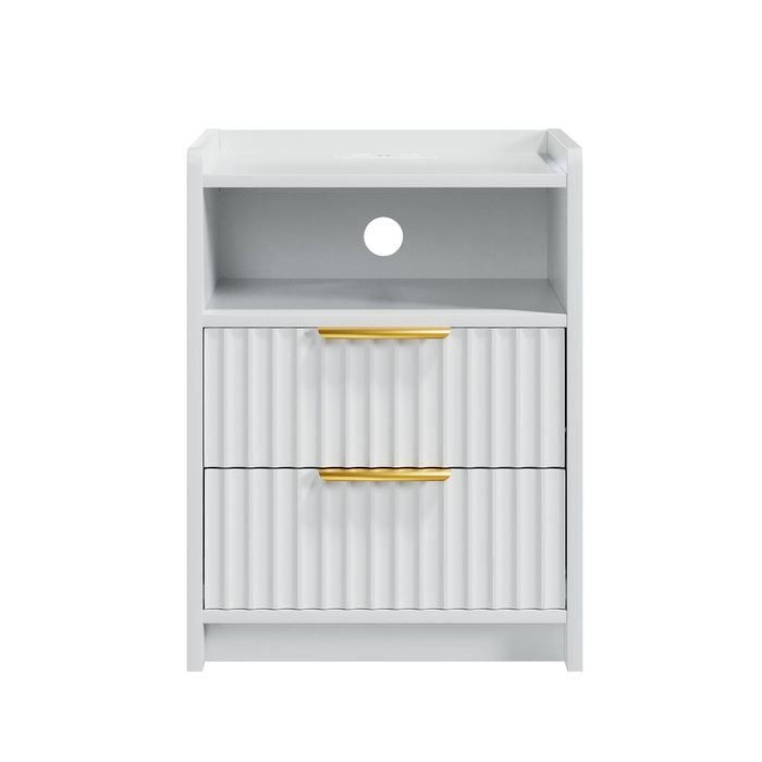 Ufurniture Side Table with 2 Drawers and Open Shelf Bedside Table Nightstand with Charging Station White