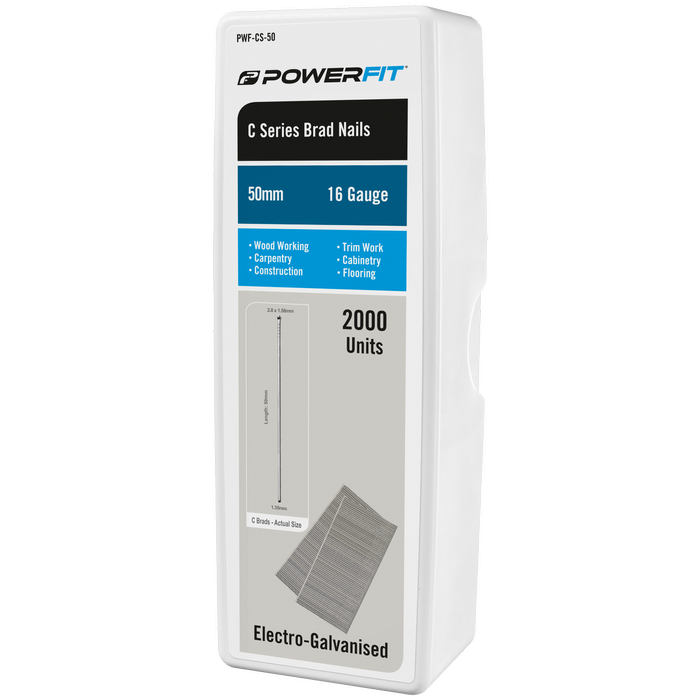 Powerfit 50mm C Series Electro-Galvanised Brad Nails – 2000 Pack