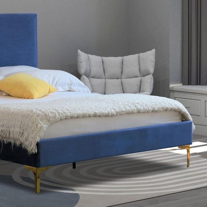Istyle Modern Classic Cristian Queen Velvet Bed Frame Blue with Gold Legs