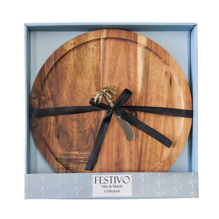 Acacia Round Wooden Serving Board With Palm Spreader  34 x34 x3.55
