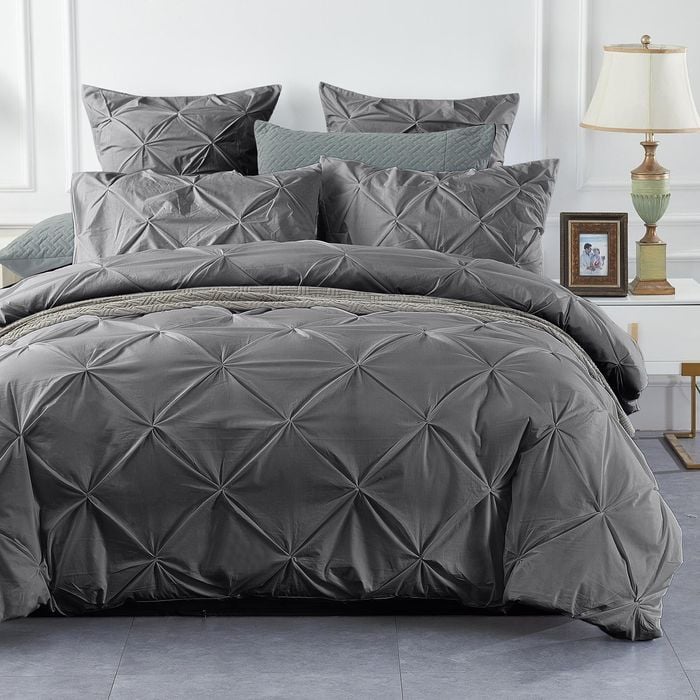 CottonMore 100% Cotton Steel Grey Diamond Pinch Pleated Pintuck Doona Quilt Cover Set - Double