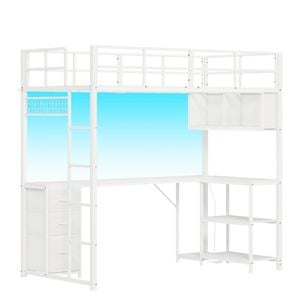Ufurniture Loft Bed with Power Outlet Single LED Metal Bed with L-Shaped Desk Drawers and Open Shelves Heavy Duty White