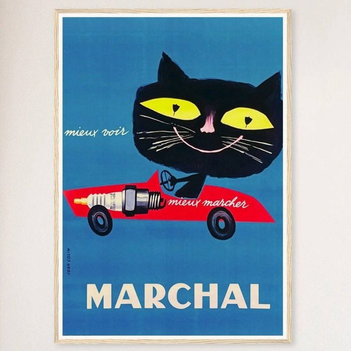 Galrie Marchal Cat Spark Plug Vintage Advertising Poster by Jean Colin - Wall Art, Wood Frame, 70 x 100cm (28 x 40inch)