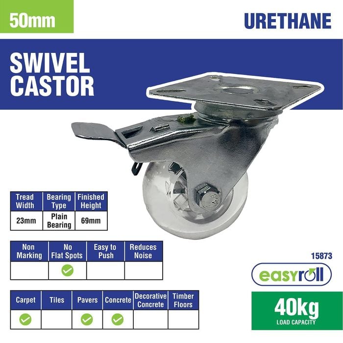 Easyroll 50mm 40kg Load Transparent Swivel Plate And Brake Castor