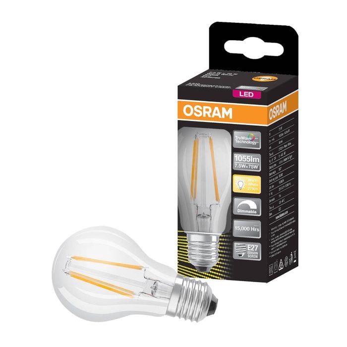 Osram A Shape Filament Dimmable ES LED 1055lm Warm White 7.5W Light Globe - 1 Pack