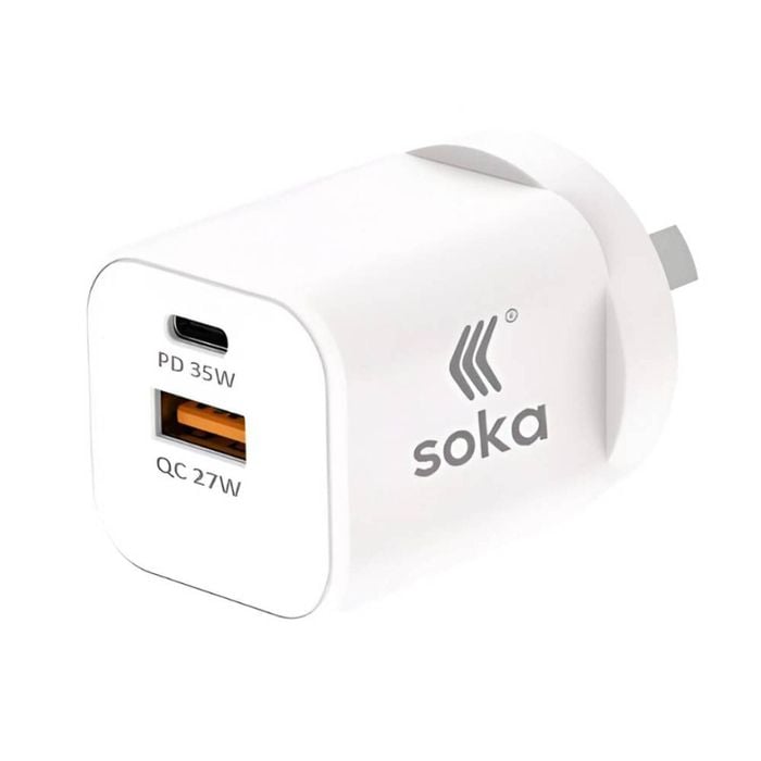 Soka fast wall charger gan3 35w usb-c pd + usb-a qc27w  (max 15w) - white