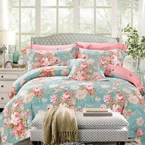 Luxor Queen Cotton Flora Green Design Quilt Cover Set