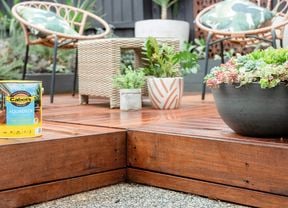 Outdoor entertaining area with an oiled deck.