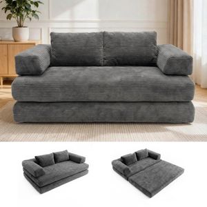 Ufurniture 153cm Convertible 2 Seater Sofa Bed W/ 2 Pillow & Side Pocket No Assembly Corduroy Loveseat Sofa Grey