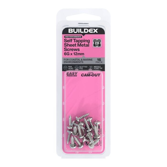 Buildex 6G x 12mm SS316 Self Tapping Sheet Metal Screws - 16 Pack