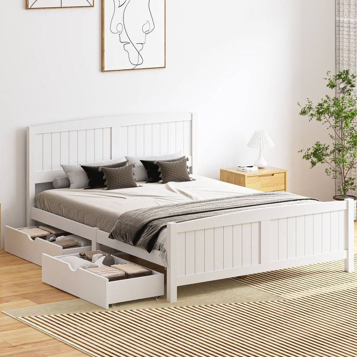 Oikiture Wooden Bed Frame Queen Size with Trundle Drawers White