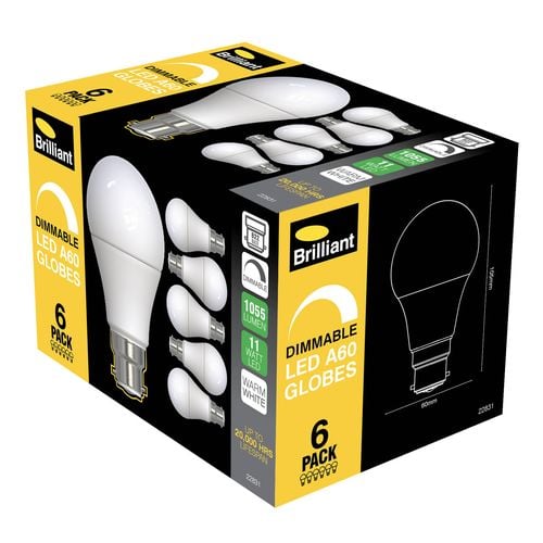 Brilliant B22 A60 1055lm LED Dimmable 11W Globe - 6 Pack - Bunnings Australia