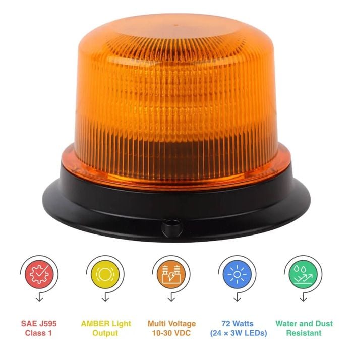 U1-24 72W Amber LED Warning Light Beacon Amber Lens - AMBER