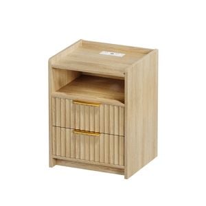 Advwin Bedside Table With Charging Station, Wave Fluted Wood Nightstand With 2 Storage Drawers Oak