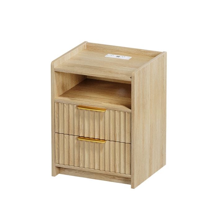 Advwin Bedside Table With Charging Station, Wave Fluted Wood Nightstand With 2 Storage Drawers Oak
