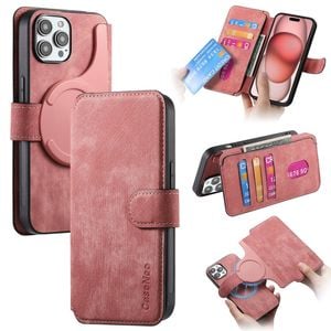 For iPhone 16 Pro Max Plus Detachable Wallet Case Flip Leather Magsafe Magnetic Cover (Pink)
