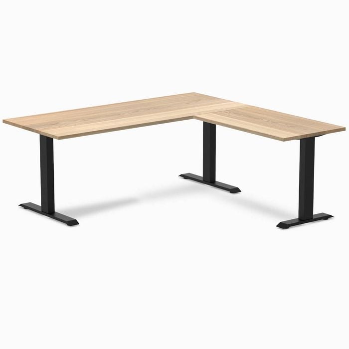 Desky Fixed Height White Ash Hardwood L-Shape Office Desk 1800x1750mm Matte Black Frame