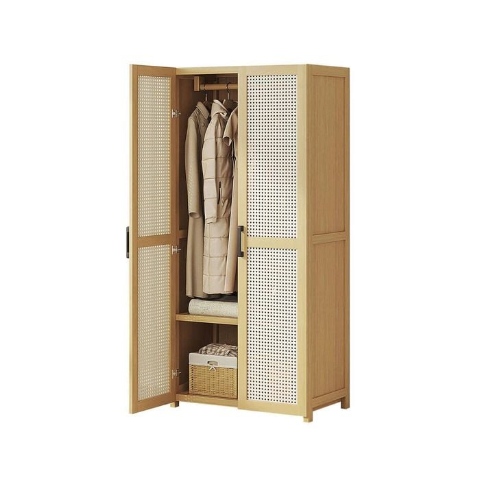 Lauft 2-door Wooden Wardrobe Closet Cabinet With Hanging Rod And Storage Shelves