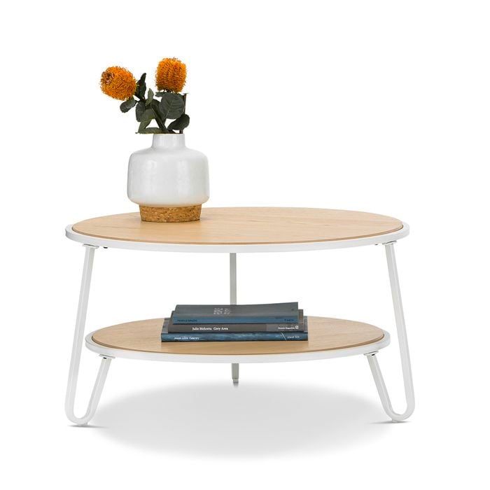 Macy White & Natural Oak Round Shelf Coffee Table