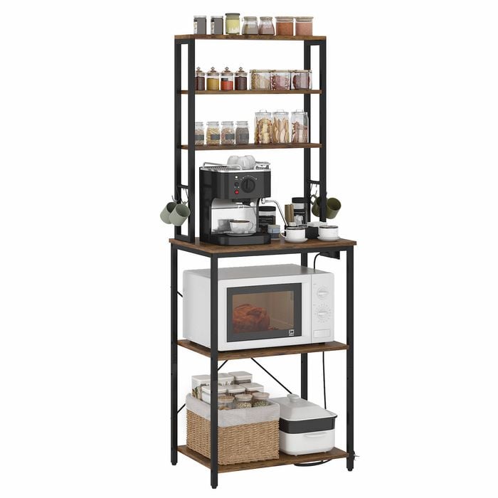 Advwin Kitchen Bakers Rack 5 Tier Coffee Stand with Storage Drawer Power Outlet Rustic Brown