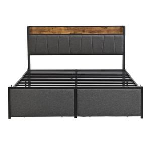 IHOMDEC Queen Size Metal & Wood Bed Frame 2 Plug Outlets &1 USB ports and 1 Type C Charging Station and 2 Drawers BED04 Grey