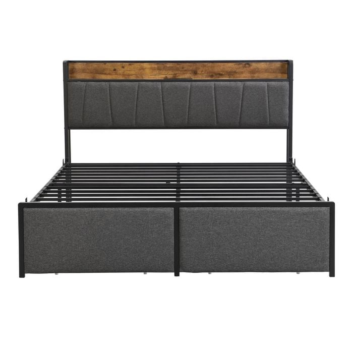 IHOMDEC Queen Size Metal & Wood Bed Frame 2 Plug Outlets &1 USB ports and 1 Type C Charging Station and 2 Drawers BED04 Grey