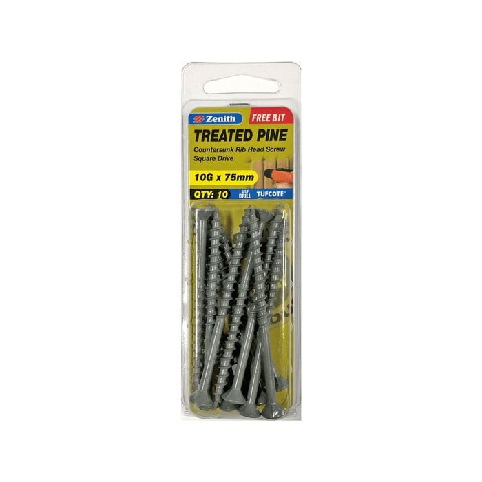 Zenith 10G x 75mm Tufcote® Square Drive Treated Pine Screw - 10 Pack