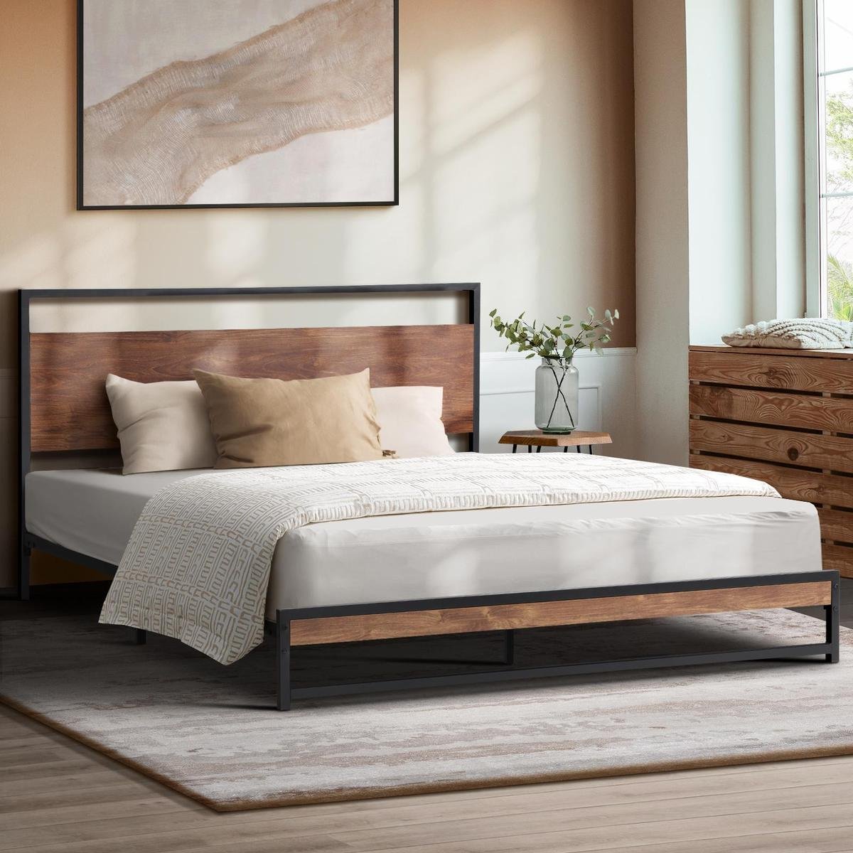 Oikiture Metal Bed Frame Queen Size Beds Base Platform Wood - Bunnings ...