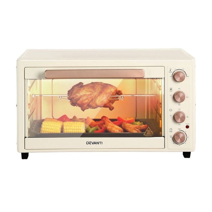 Devanti Electric Convection Oven Bake Benchtop Rotisserie Grill 60L Cream
