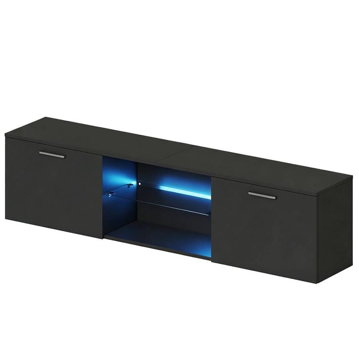 Advwin TV Cabinet 160cm LED Entertainment Unit Stand Glass Shelf Black