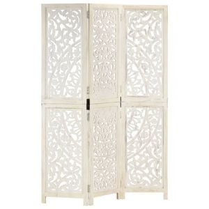 vidaXL Solid Mango Wood Hand carved 3-Panel Room Divider White 120cm Screen