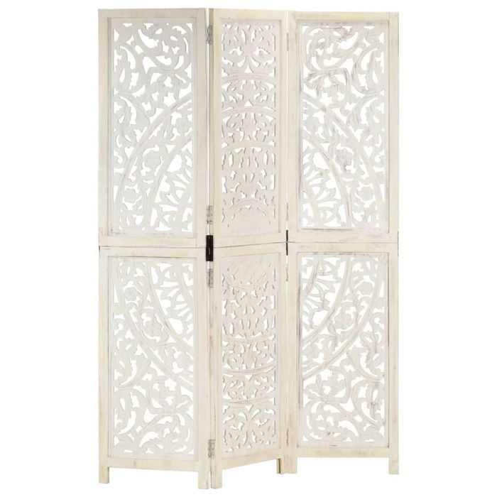vidaXL Solid Mango Wood Hand carved 3-Panel Room Divider White 120cm Screen