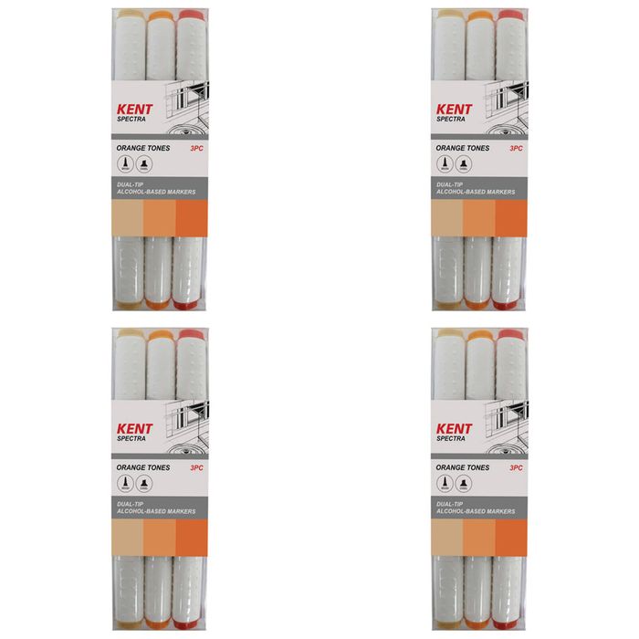 4x 3pc Kent Spectra Graphic Markers Brush Chisel Nib Drawing/design Orange Set